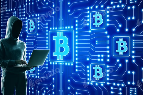Preview: Cryptography And Innovation Concept. Hacker Using Laptop With Abstract Glowing Blue Bitcoin Circuit