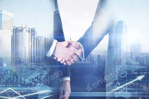 Preview: Businessmen Shaking Hands On Abstract City And Forex Chart Background. Teamwork Concept. Double