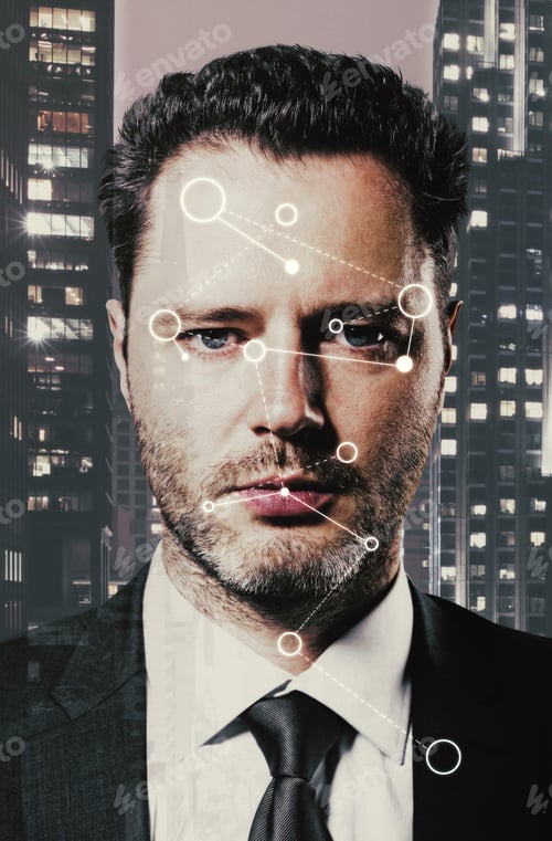 Preview: Close Up Portrait Of Handsome Young Businessman With Abstract Techno Pattern On Face. Technology