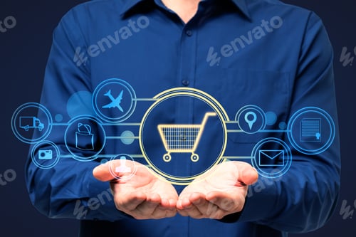 Preview: Close Up Of Businessman Hands Holding Abstract Glowing Cart Interface On Blue Background. Online