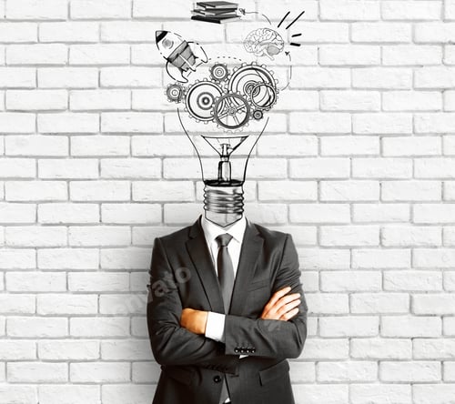 Preview: Headless Businessman With Folded Arms Standing On Brick Background With Business Sketch. Finance