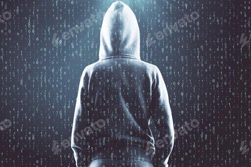 Preview: Criminal And Hacking Concept. Hacker On Abstract Grey Binary Code Background. Double Exposure