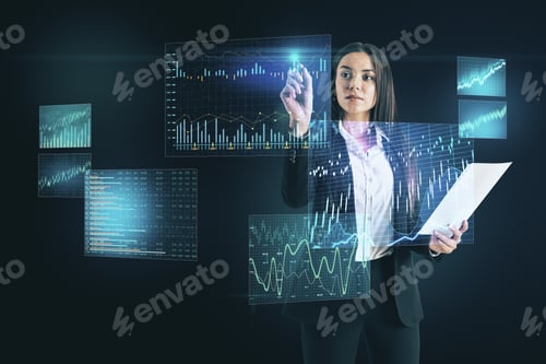 Preview: Businesswoman With Document In Hand Drawing Business Statistics Hologram. Finance And Trade Concept.