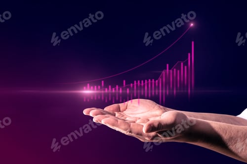 Preview: Close Up Of Businessman Hand Holding Abstract Glowing Growing Global Business Chart On Blurry
