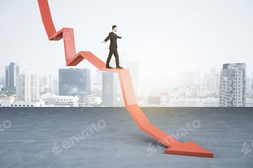 Preview: Young Businessman Balancing On Abstract Falling Red Arrow On Light City Background With Mock Up