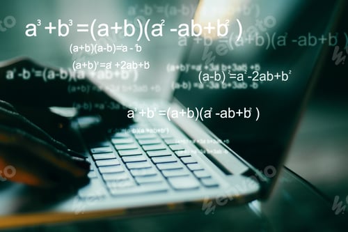 Preview: Programming And Algorithm Concept. Close Up Of Hands Using Blurry Laptop With Mathematical