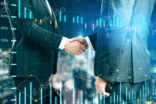 Preview: Business Partnership With Double Exposure Of Handshaking Men And Abstract Financial Chart