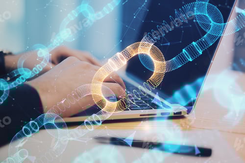 Preview: Close Up Of Hands Using Laptop With Creative Glowing Blockchain Hologram On Blurry Desktop