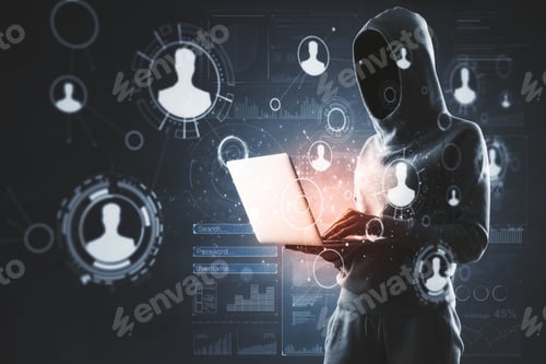 Preview: Hacker Holding Laptop With Human Resource Interface And Creative Social Network Concept