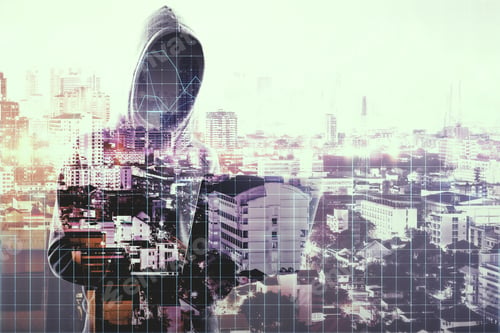 Preview: Hacker With Laptop Standing On Abstract City Background. Hacking And Finance Concept. Double