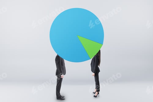Preview: Abstract Businessmen With Pie Chart On Head On Grey Background. Teamwork, Success And Report Concept