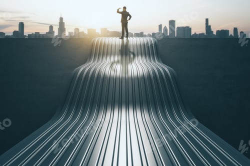 Preview: Back View Of Thoughtful Young Man Standing On Abstract Wave Staircase On City Background. Career