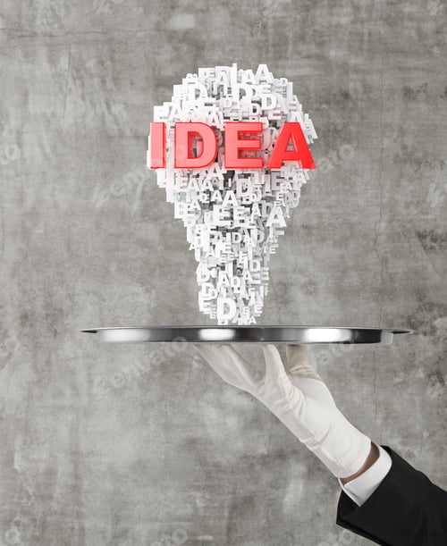 Preview: Hand Holding Plate With Lightbulb Isolated On Concrete Wall