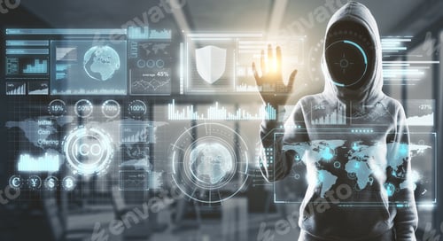 Preview: Back Silhouette Of A Hacker Touching Digital Sensor Screne With Cyber Icons.