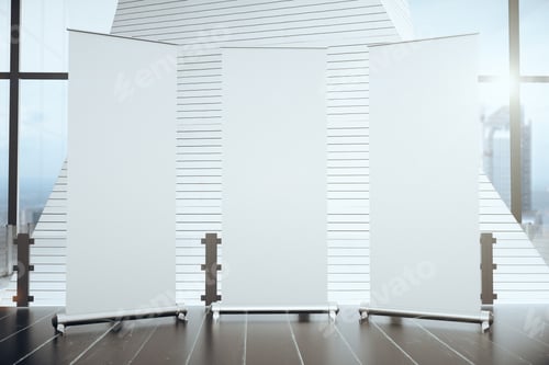 Preview: Blank White Banners in Office with City View