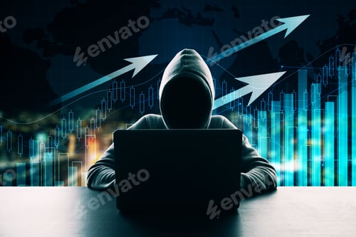 Preview: Hacker Using Laptop On Glowing City Background With Business Chart, Arrows And Map. Trade And