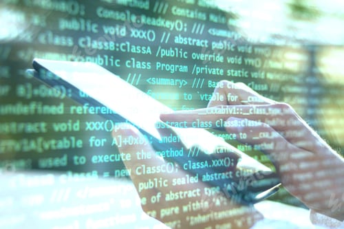 Vista previa: Hand Using Digital Tablet And Abstract Coding Text Interface On Screen. Business And Programming