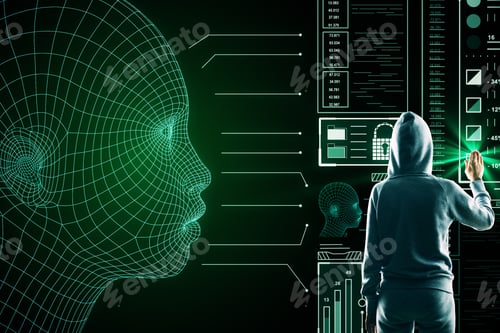 Preview: Hacker Using Astract Glowing Head Outline Interface On Dark Background. Ai And Future Concept
