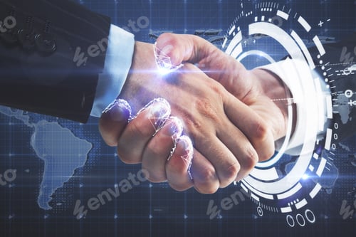 Preview: Close Up Of Handshake With Digital Pattern And Map. International Partnership Concept
