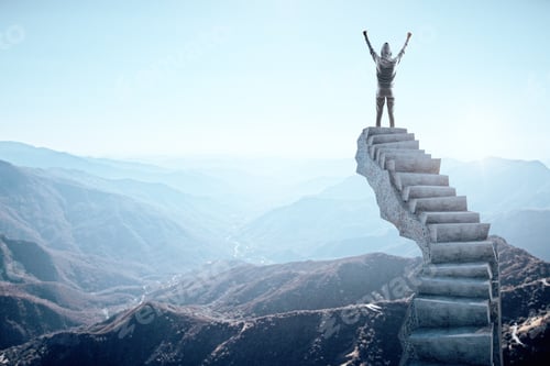 Preview: Back View Of Guy On Ladder Celebrating Success On Beautiful Landscape And Sky Background