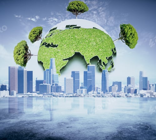 Preview: Abstract Globe With Green Trees On City Background. Eco Business Concept
