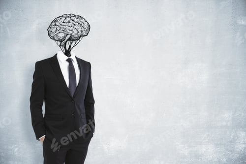 Preview: Brain Headed Businessman On Concrete Wall Background. Brainstorming And Success Concept