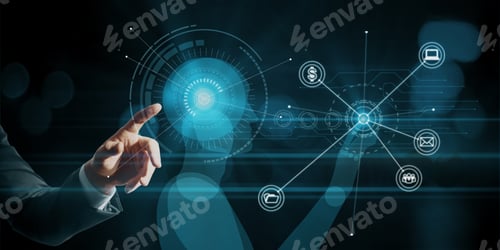 Preview: Businessman Hand Pointing At Creative Glowing Robot Hologram On Blue Background. Ai And Robotics