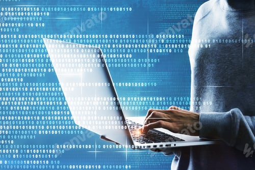 Preview: Side View And Close Up Of Hacker Using Laptop With Creative Binary Code Interface. Software And