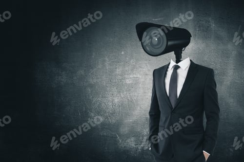 Preview: Cctv Camera Headed Businessman Standing On Dark Concrete Background With Copy Space. Supervision