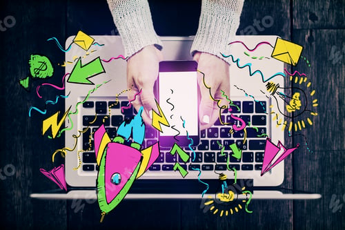 Preview: Top View Of Hands Using Smartphone And Laptop Keyboard With Startup Sketch. Entrepreneurship And