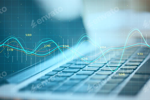 Preview: Laptop With Creative Stock Chart And Financial Analytics On Blurry Desktop Backround. Finance And