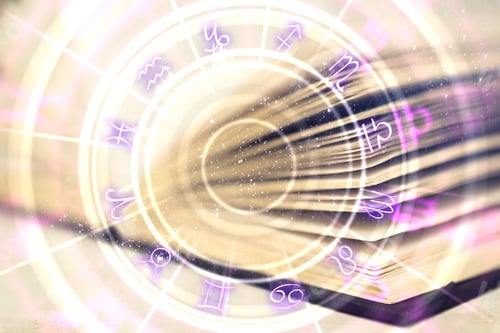 Preview: Close Up Of Creative Book With Zodiac Wheel. Magic And Astrology Concept. Double Exposure