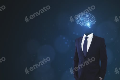 Preview: Brain Headed Businessman Standing On Dark Background With Copy Space. Brainstorm And Innovation