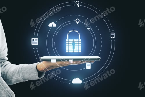 Preview: Close Up Of Hand Holding Tablet With Glowing Padlock Hologram On Dark Background. Password And