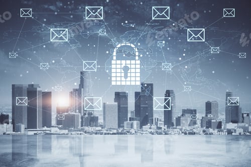 Preview: Abstract Padlock Interface With Emails On Blurry New York City Background. Safety And Network