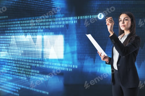 Preview: Attractive Young European Businesswoman With Glowing Business Interface In Blurry Office Interior