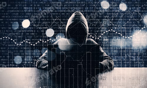 Preview: Hacker At Desktop And Bokeh Background Using Laptop With Glowing Forex Chart. Hacking And Trade