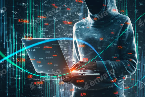 Preview: Side View Of Hacker In Hoodie Using Laptop With Forex Chart On Blurry Binary Code Background