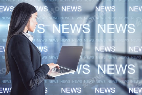 Preview: Businesswoman With Laptop Against The Background Of The Inscriptions News, Double Exposure