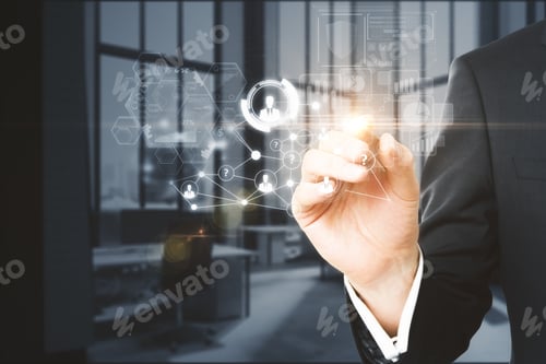 Preview: Businessman Hand Drawing Digital Business Interface On Blurry Office Interior Background