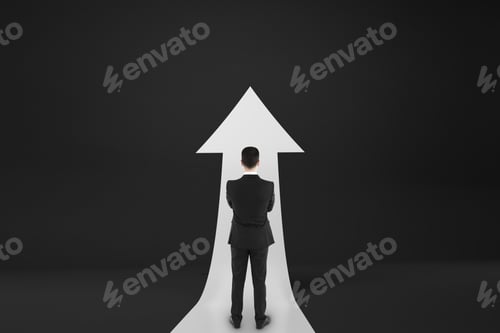 Preview: Personality Development Concept With Businessman Staying Midst White Upward Road-Arrow At Black