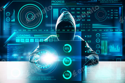 Preview: Hacker With Digital Business Interface. Hacking And Virus Concept. Double Exposure