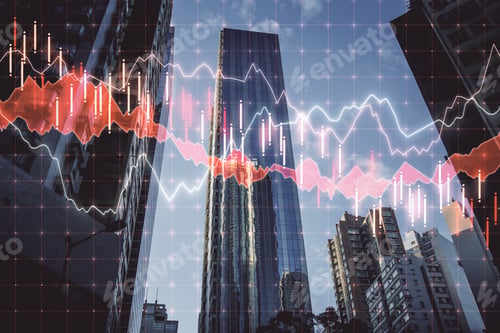 Preview: Glowing Stock Chart On Blurry City Background. Trade And Investment Concept. Multiexposure
