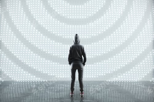 Preview: Security Concept With Hacker Back Staying On Concrete Floor Opposite Abstract Digital Wall.