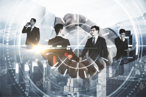 Preview: Close Up Of People Shaking Hands On City Background With Digital Pattern. Business Technologies