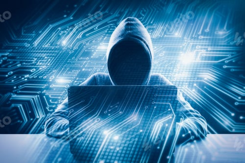 Preview: Hacker Using Laptop With Circuit. Computing And Malware Concept. Double Exposure