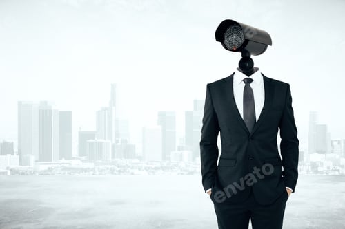 Preview: Business Security Management Concept. Businessman With Cctv Camera Instead Of Head On Abstract City