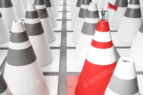 Preview: Businessman With Victory Flag Standing On Red And White Traffic Cone. Success And Growth Concept.