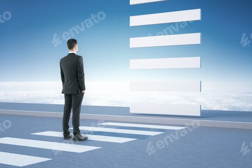 Preview: Young Businessman In Suit Standing On Crosswalk. Business And Challenge Concept.
