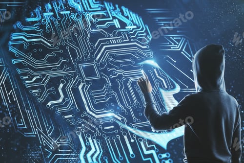 Preview: Young Hacker With Abstract Circuit Head Interface. Malware And Criminal Concept.
